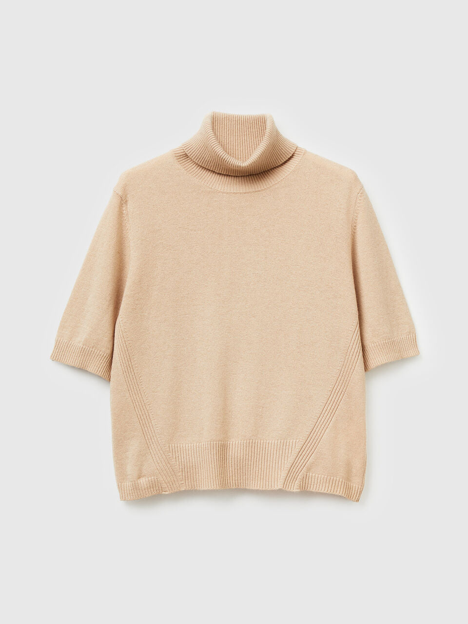 CAMEL CASHMERE BLEND SHORT SLEEVE TURTLE COLLAR