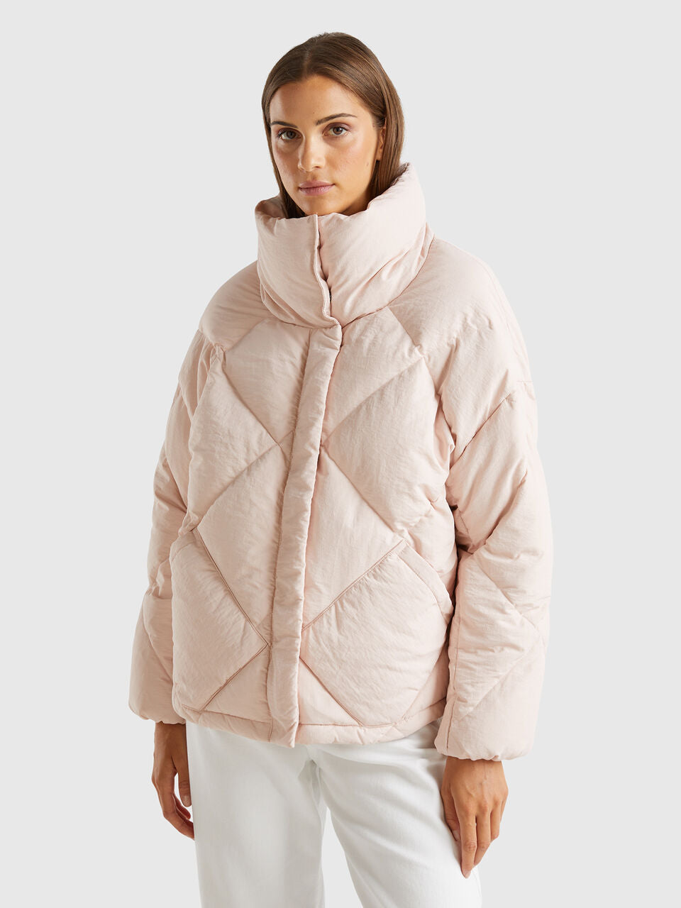 HIGH COLLAR PUFFER JACKET IN GENUINE RECYCLED DOWN