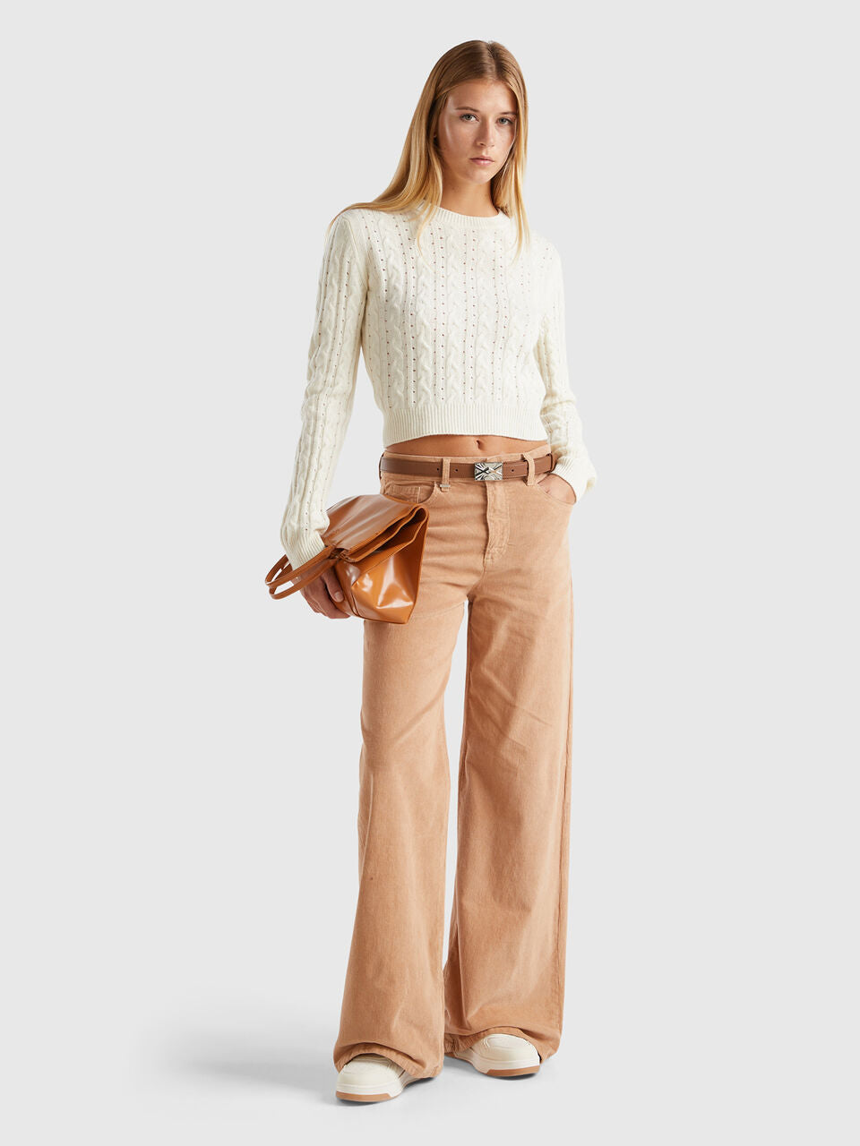 CROPPED SWEATER WITH CABLE KNIT AND PERFORATIONS