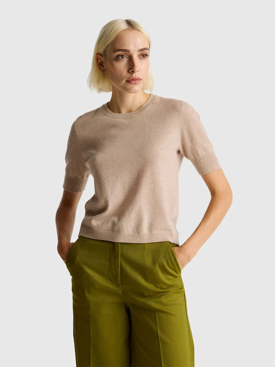 FUCHSIA SHORT SLEEVE SWEATER IN PURE MERINO WOOL