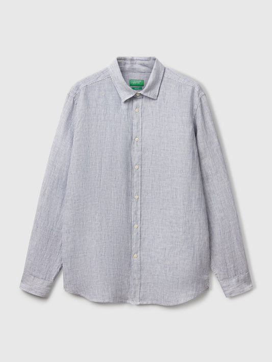 MIDNIGHT BLUE PATTERNED SHIRT IN PURE LINEN