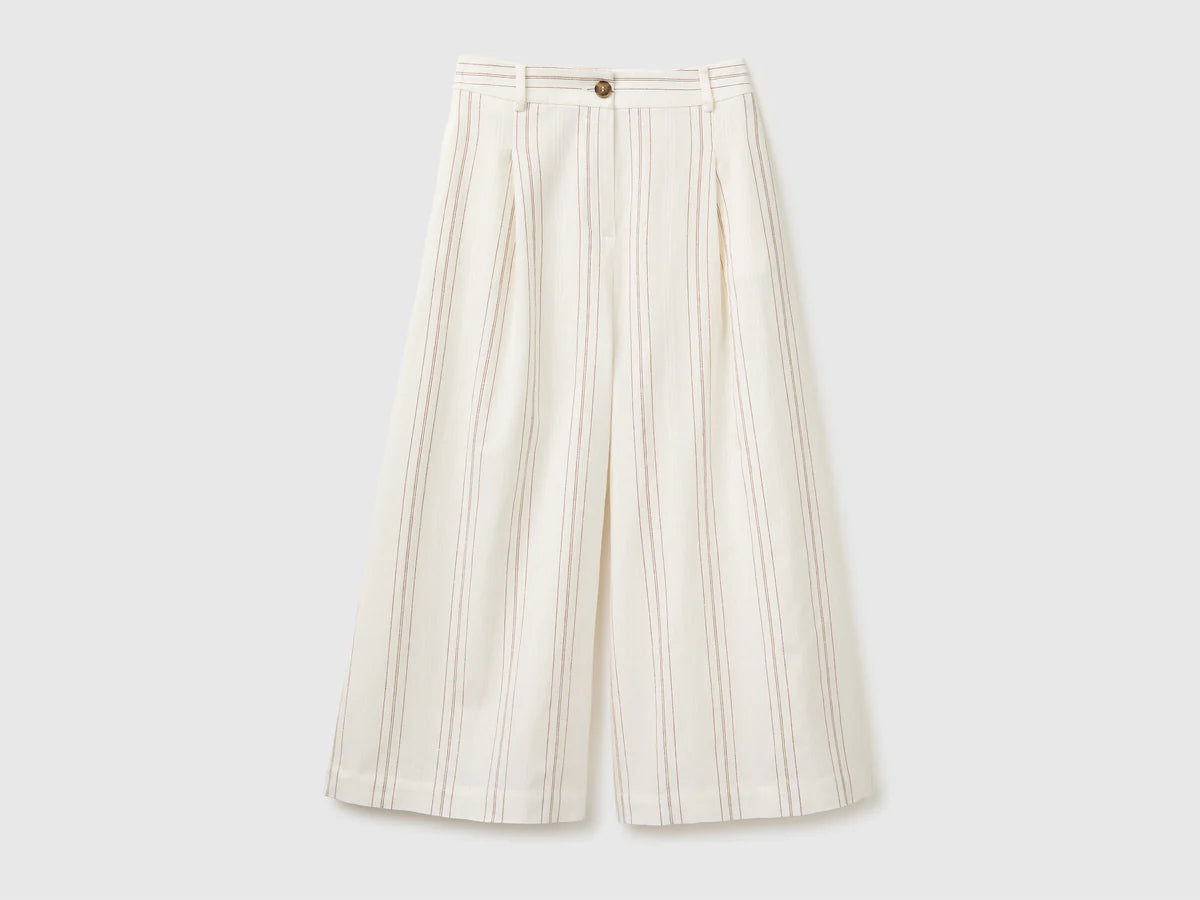 WIDE-LEG STRIPED LINEN BLEND TROUSERS