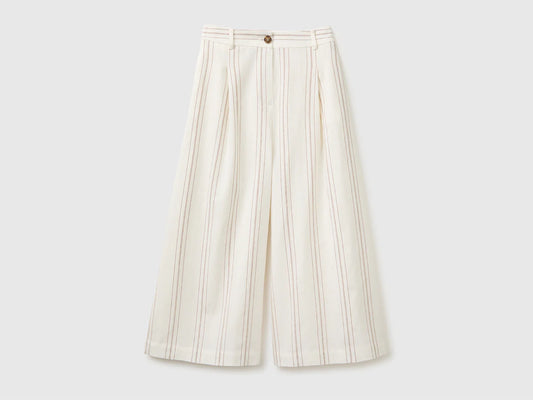 WIDE-LEG STRIPED LINEN BLEND TROUSERS